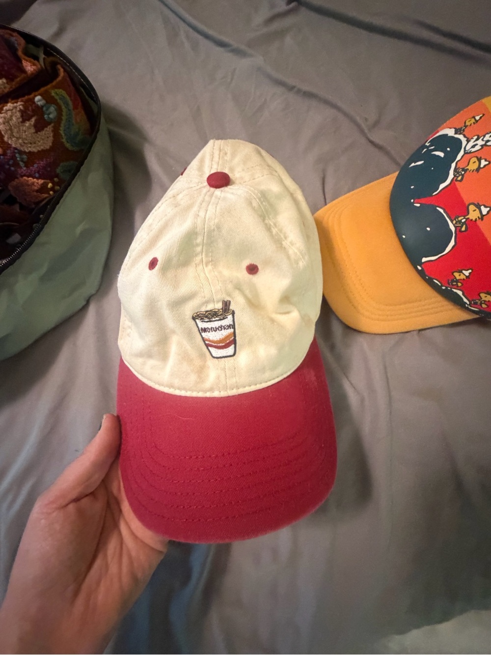 Cream and Red Baseball Cap with Mauchan Ramen Cup Embroidery